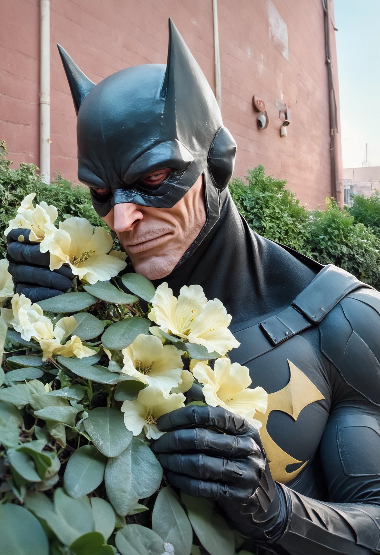 score_9, score_8_up, score_7_up, photo of fl0rAmar1ya flower bush, Batman, 1man, mask, cowl, smelling, realistic, photography, cinematic, cinema still <lora:fl0rAmar1ya_v111-000002:0.8>