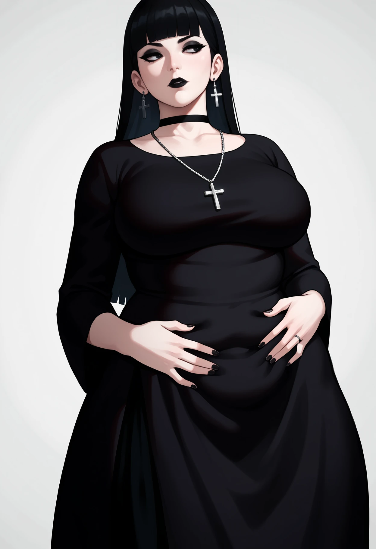 score_9,score_8_up,score_7_up,
BREAK
1girl, black hair, long hair, straight hair, blunt bangs, adult, mature, black eyes, long eyelashes, black eyeshadow, black lips, black choker, half-closed eyes, looking away, pale skin,
BREAK
solo, hands on stomach, large breasts, skinny, black dress, black long dress, cross necklace, cross earrings,
BREAK
white background, simple background, dynamic pose, dynamic angle, angled shot, <lora:Lunas-Forastero-SDXL-A1:1>