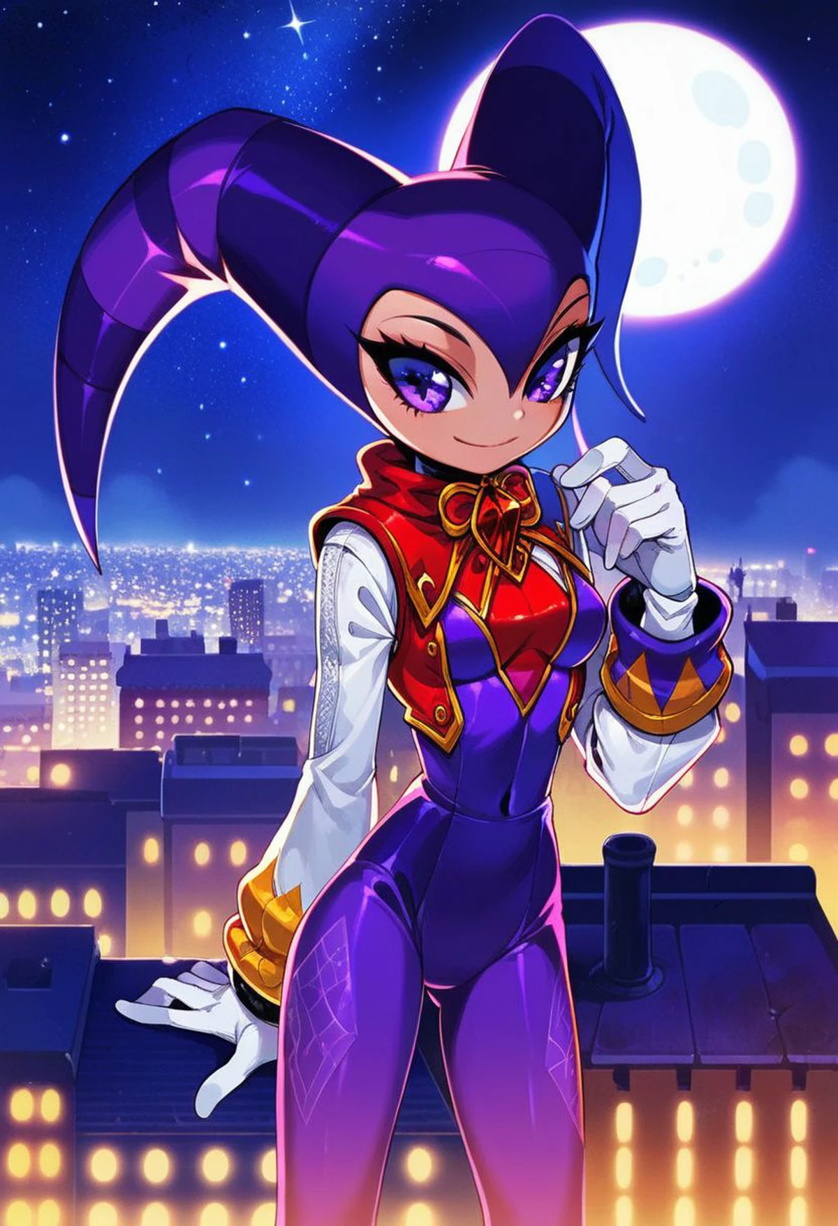 score_9, score_8_up, score_7_up, score_6_up, Nights, Jester, purple eyes, purple bodysuit, white sleeves, oval ruby on chest, white gloves, 1girl, city, rooftop, night time, moon, stars, standing on rooftop,  (high res), (beautiful quality), official art, censored, hand behind back, realistic body,