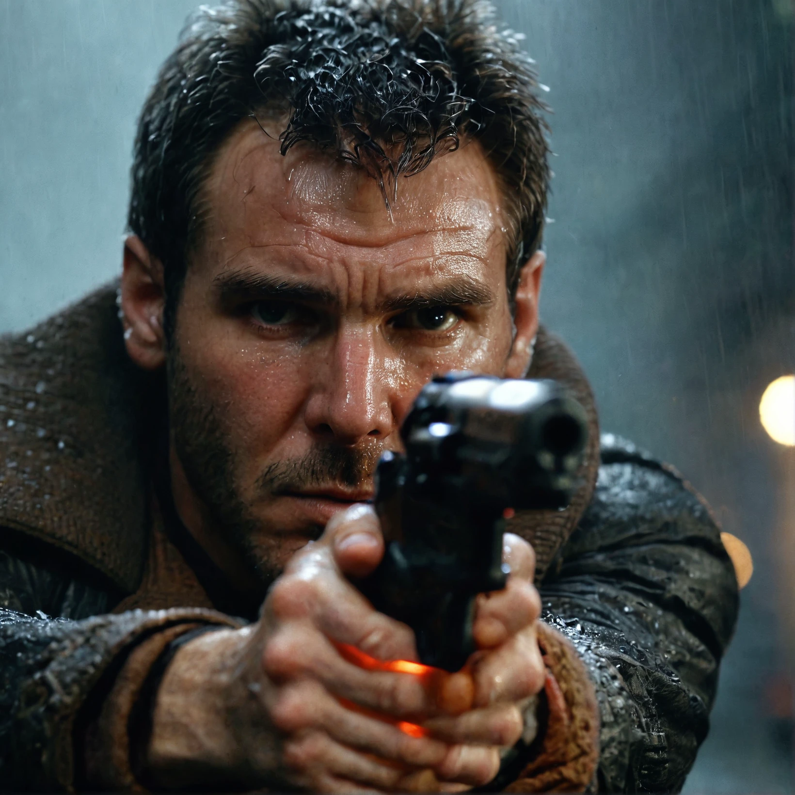 a close-up of dck holding a gun,raining,high resolution photo,gloomy,dimly lit
,street background,volumetric lighting,volumetric fog,front view,cinematic,movie still,looking at viewer,volumetric lighting,rim lighting,illuminated face,realistic skin,pores,sweaty skin