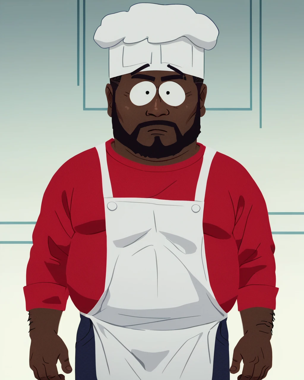 score_9, score_8_up, score_7_up, zPDXL, <lora:South_Park_Style_r1:1>SPstyle, source_cartoon, 2D, 1boy, chef hat,fat, male focus, facial hair, dark skin, dark-skinned male, red shirt, looking at viewer, apron