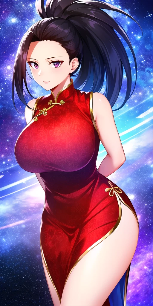 <lora:YaomomoV6:0.7> yaomomo, huge_breasts, standing, solo, arms_behind_back, starry_sky, china_dress,, masterpiece, best_quality, detailed_face, detailed_eyes, highres, beautiful, detailed, absurdres,