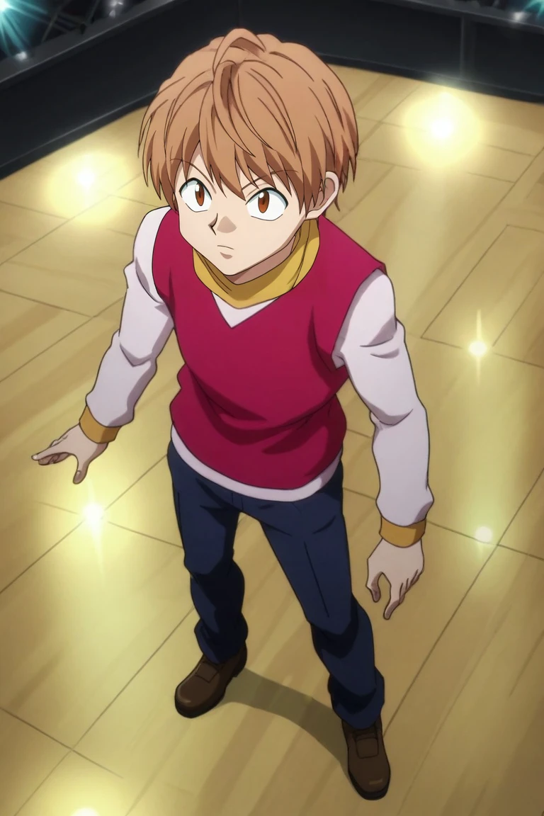 score_9, score_8_up, score_7_up, source_anime, rating_safe, , anime screencap, anime coloring, , , , 1boy, solo, male focus, <lora:pokkle_hxh_pony:1>, pokkle_hxh, brown hair, brown eyes, short hair, from above, full body, concert, stage, stage lights, idol, light, arm support, relaxed, ,, <lora:sdxl_lightning_8step_lora:1>