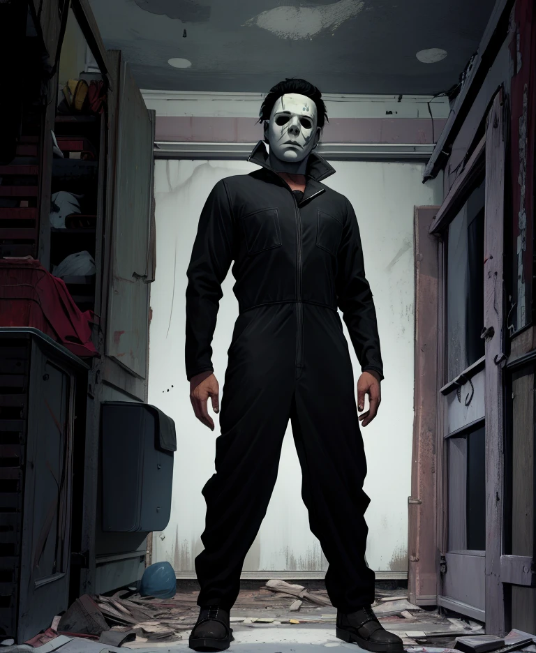michael,white mask,black hair,black eyes,
boots,black jumpsuit,
night,abandoned,home,
(insanely detailed, masterpiece, best quality),solo,<lora:MMDBD:1>,