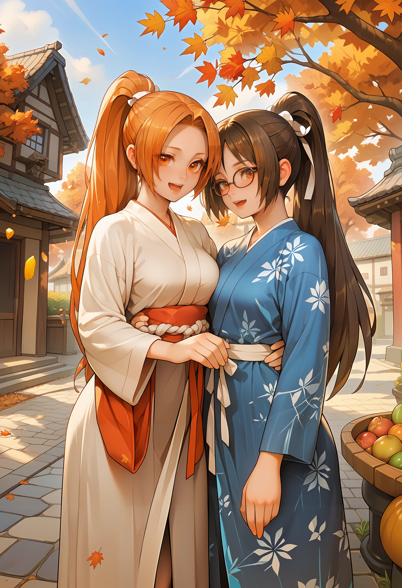score_9, score_8_up, score_7_up, score_6_up, source_anime, masterpiece, newest,
multiple girls, 2girls, shiranui flare, tight clothing, glasses, glasses, yuri, autumn, village, traditional dress, yukata BREAK moaning