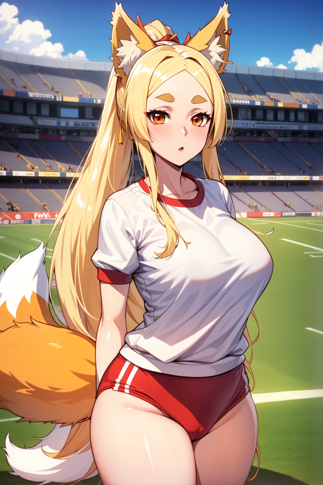 solo, masterpiece, best quality, outdoors, stadium, standing, cowboy shot, :o, closed mouth, white shirt, short sleeves, gym uniform, red buruma, yasaka, orange eyes, thick eyebrow, blonde hair, very long hair, parted bangs, ponytail, fox ears, fox tail, multiple tails, hair ornament, hair stick 