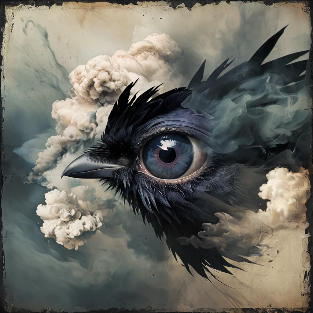 <lora:artfully4QUAD_SDXL_V1:1>, art4quad, raven, eye, smoke, cloud