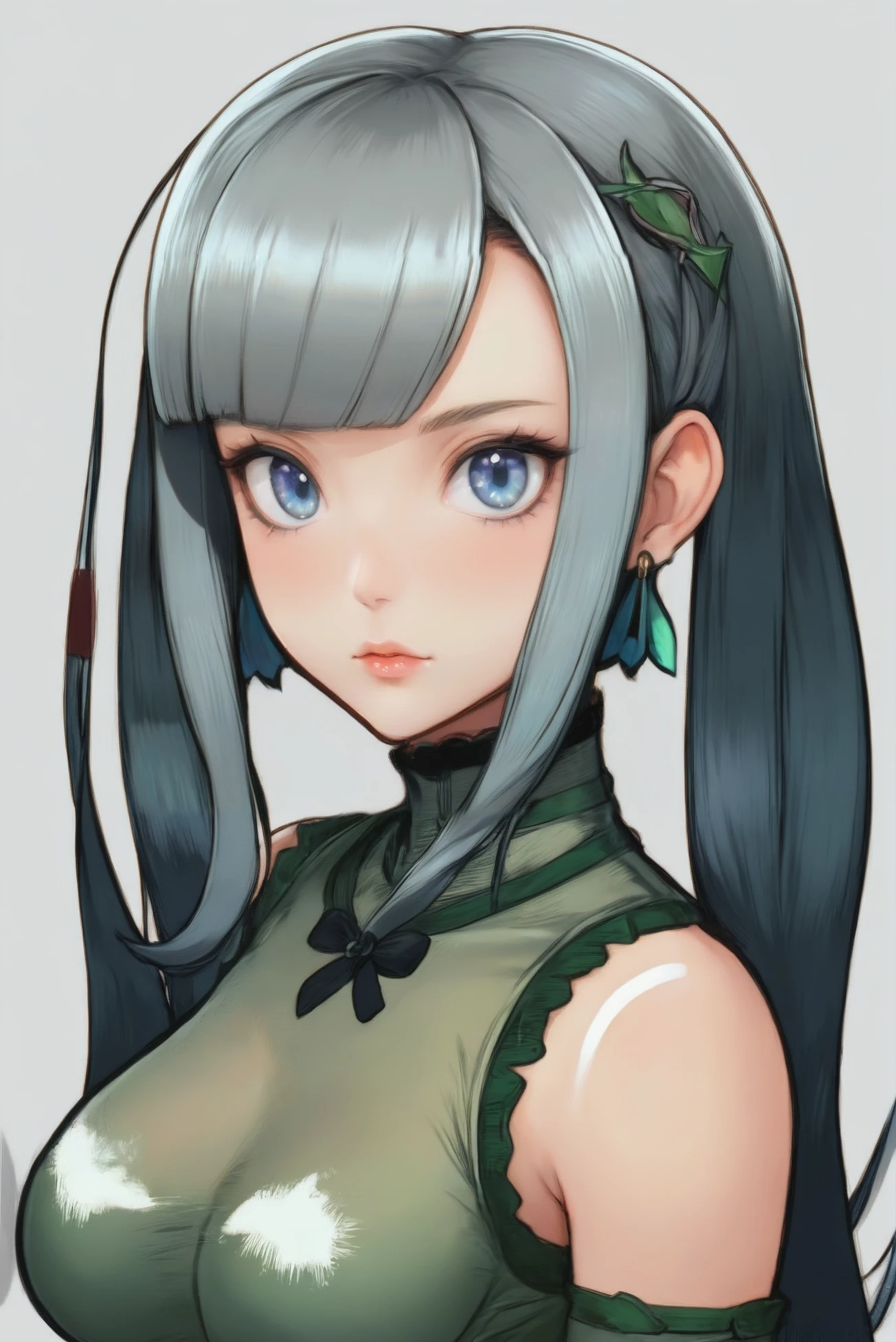 anime digital painting, 1girl, woman, khaki Honeysuckle fairy queen, see-through gossamer, kubrick stare, bombshell hair, gray hair, ahoge, thicc athletic build, medium breasts, caucasian <lora:EnvyStarlightDivergent01d:1.25>