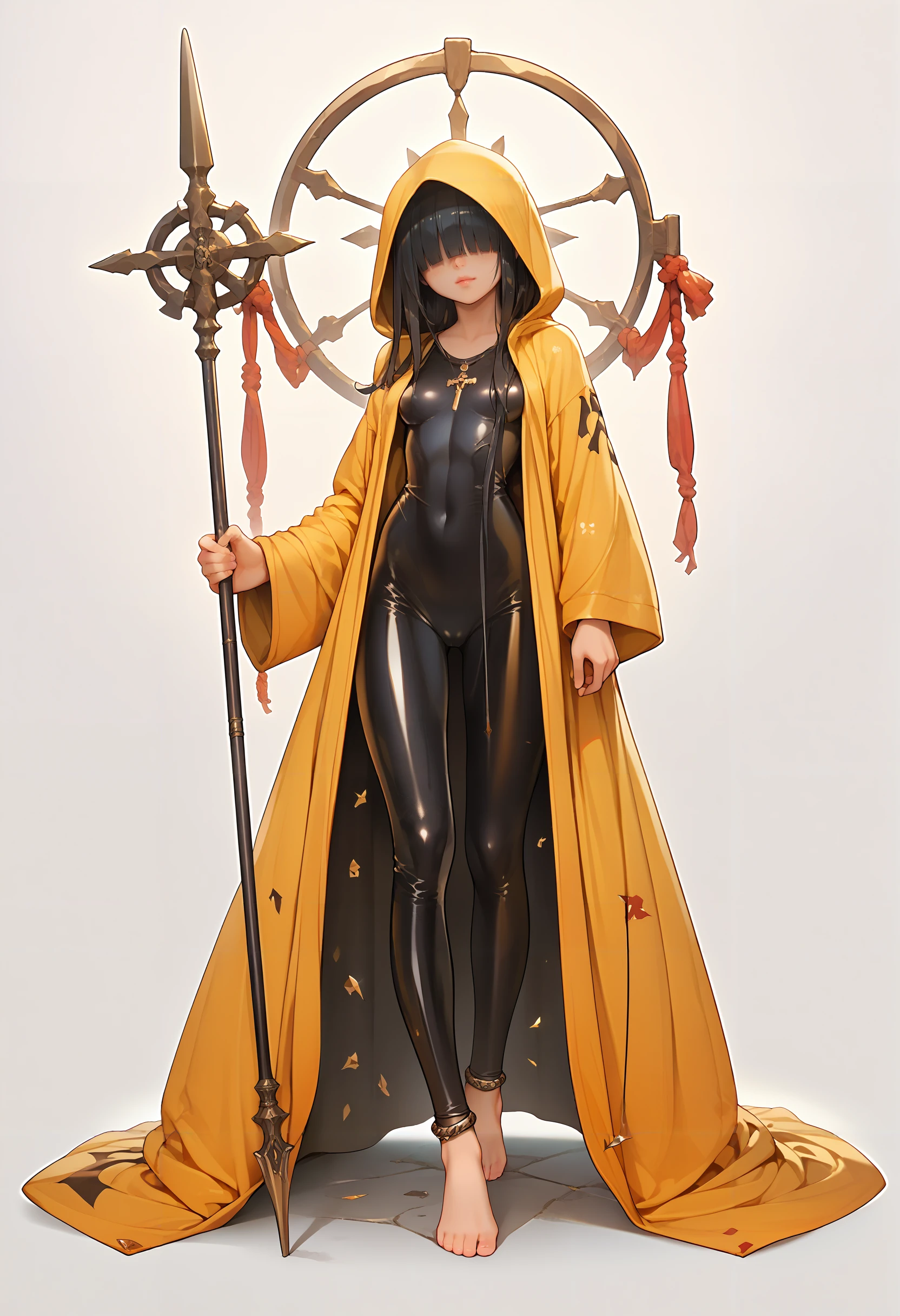 score_9, score_8_up, score_7_up, score_6_up, source_anime, masterpiece, newest,
1girl, solo, skinny, latex bodysuit, golden clothing, loose clothing, robe, spear, sexy, hood over eyes, long black hair, straight hair, anklet, no shoes