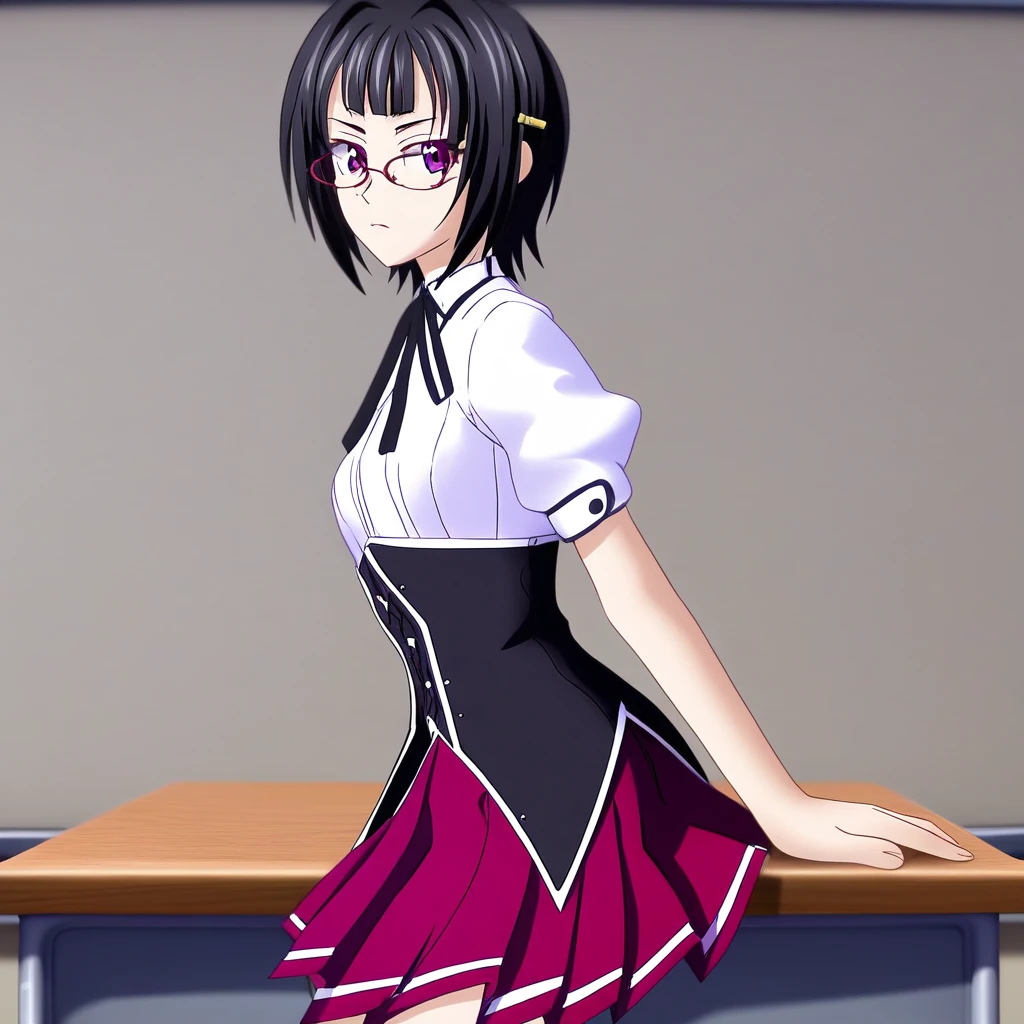 Masterpiece, best quality, high quality, highres, 4k, detailed face, Expressiveh, sona sitri, black hair, purple eyes, glasses, expressionless, short hair, center-flap bangs, small breasts, kuohacademy, school uniform, black capelet, white shirt, black ribbon, neck ribbon, short sleeves, corset, red skirt, pleated skirt, classroom, cowboy shot, from side, sitting on desk,