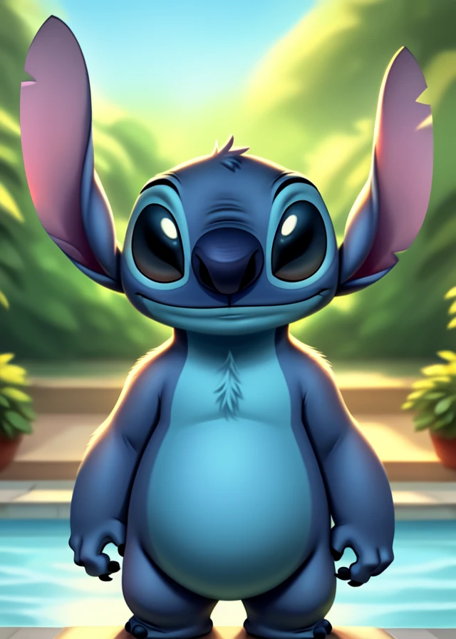 <lora:X1-Stitch:0.5> (stitch \(lilo and stitch\):1.25), toony chibi, (three-quarter portrait, front view, looking at viewer:1.25), (standing, swimming pool, plant, sunny day), [detailed background, detailed foreground, depth of field, detailed fur, photography, ray tracing]