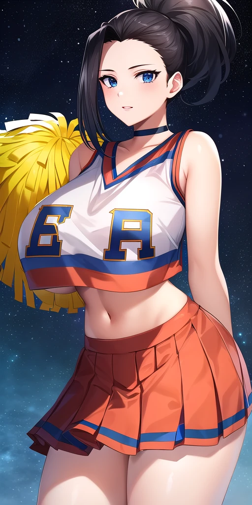 <lora:YaomomoV6:0.7> yaomomo, huge_breasts, standing, solo, arms_behind_back, starry_sky, cheerleader_orange_crop_top_orange_miniskirt_green_choker,, masterpiece, best_quality, detailed_face, detailed_eyes, highres, beautiful, detailed, absurdres,