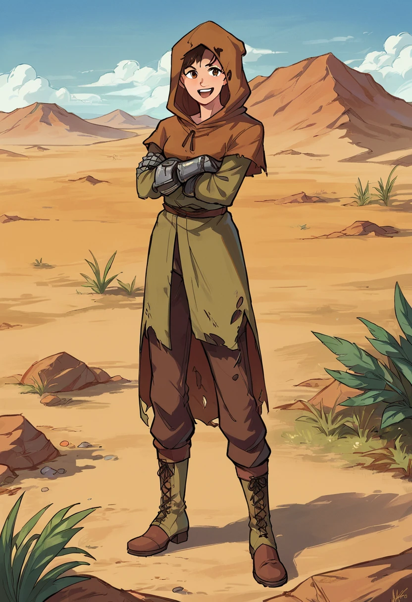 score_9_up,score_8_up,score_7_up,score_6_up,source_anime BREAK 1girl, <lora:Veronicapony:0.8>,veronicafnv,solo,hood,cloak,torn clothes,hood up,gauntlets,crossed arms,in dusty desert,outdoors,happy,:d,boots,pants,full body