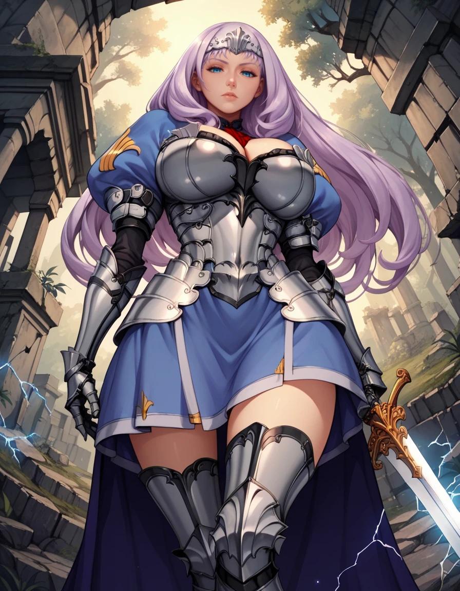 score_9, score_8_up, score_7_up,score_6_up, score_5_up, score_4_up ,1girl, solo, 
huge breasts,
annelottedgnorm,
light purple hair, blue eyes, forehead protector, long hair, 
gauntlets, armored dress, cape, elbow gloves, armored boots, armor,puffy short sleeves,
ruins, forest, sunset,
looking at viewer, 
from below, 
electricity, holding sword,
half-closed eyes, 
 <lora:Annelotte (PonyXL) V01-000003:0.90>