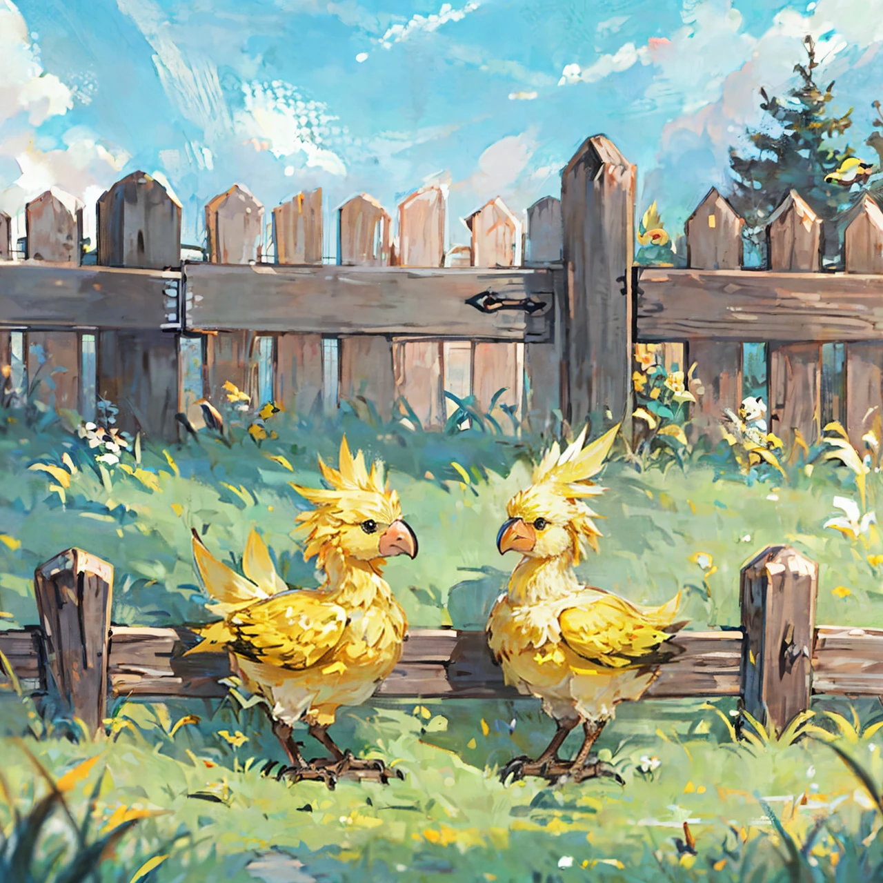 baby chocobo, wooden fence, cute, grass, baby, <lora:baby chocobo:0.6>