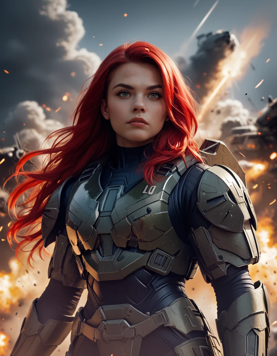 score_9, score_8_up, score_7_up,
1girl wearing h4lo armor, 
very long floating red hair,
pov,
war, battle, action movie scene, explosions, promotional poster,
 <lora:halo_armor:1>