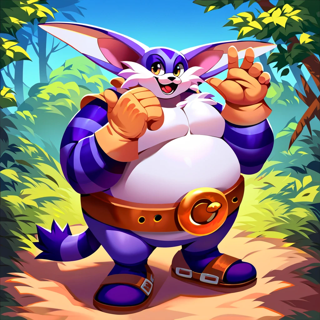 score_9, score_8_up, score_7_up, score_6_up, score_5_up, score_4_up, belt, big the cat, blue sky, fat man, full body, gloves, hand up, holding, long ears, open mouth, purple skin, smile, stripey arms, stripey tail, tail, fat, wandering in the forest, looking at viewer, forest background <lora:Big_The_Cat_PonyXL:1>