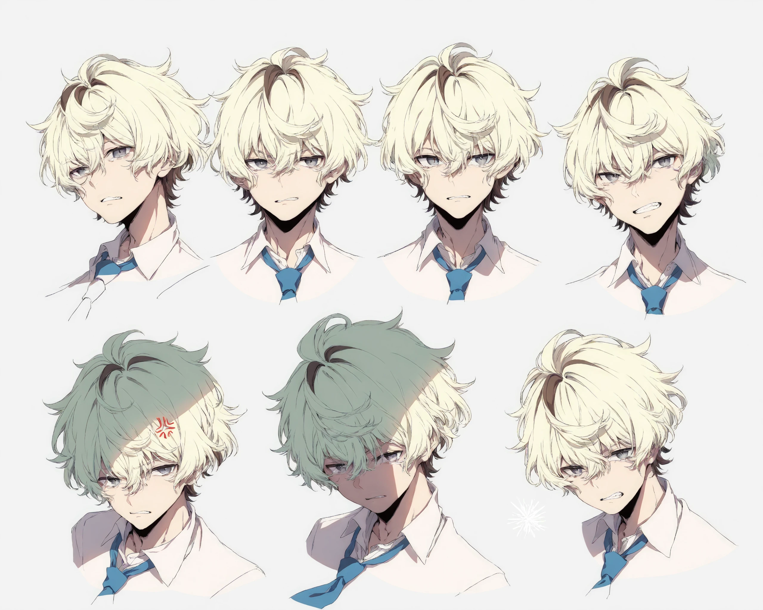 score_9, source_anime, score_8_up, score_7_up, character sheet, general, looking at viewer, smile, open mouth, short hair, simple background, shirt, blonde hair, white background, 1boy, hair between eyes, closed mouth, white shirt, closed eyes, white hair, male focus, multicolored hair, parted lips, teeth, necktie, green hair, collared shirt, tears, grey eyes, multiple views, profile, frown, crying, portrait, clenched teeth, messy hair, shaded face, anger vein, angry, blue necktie, reference sheet, expressions, cropped shoulders <lora:character_sheet:0.8>