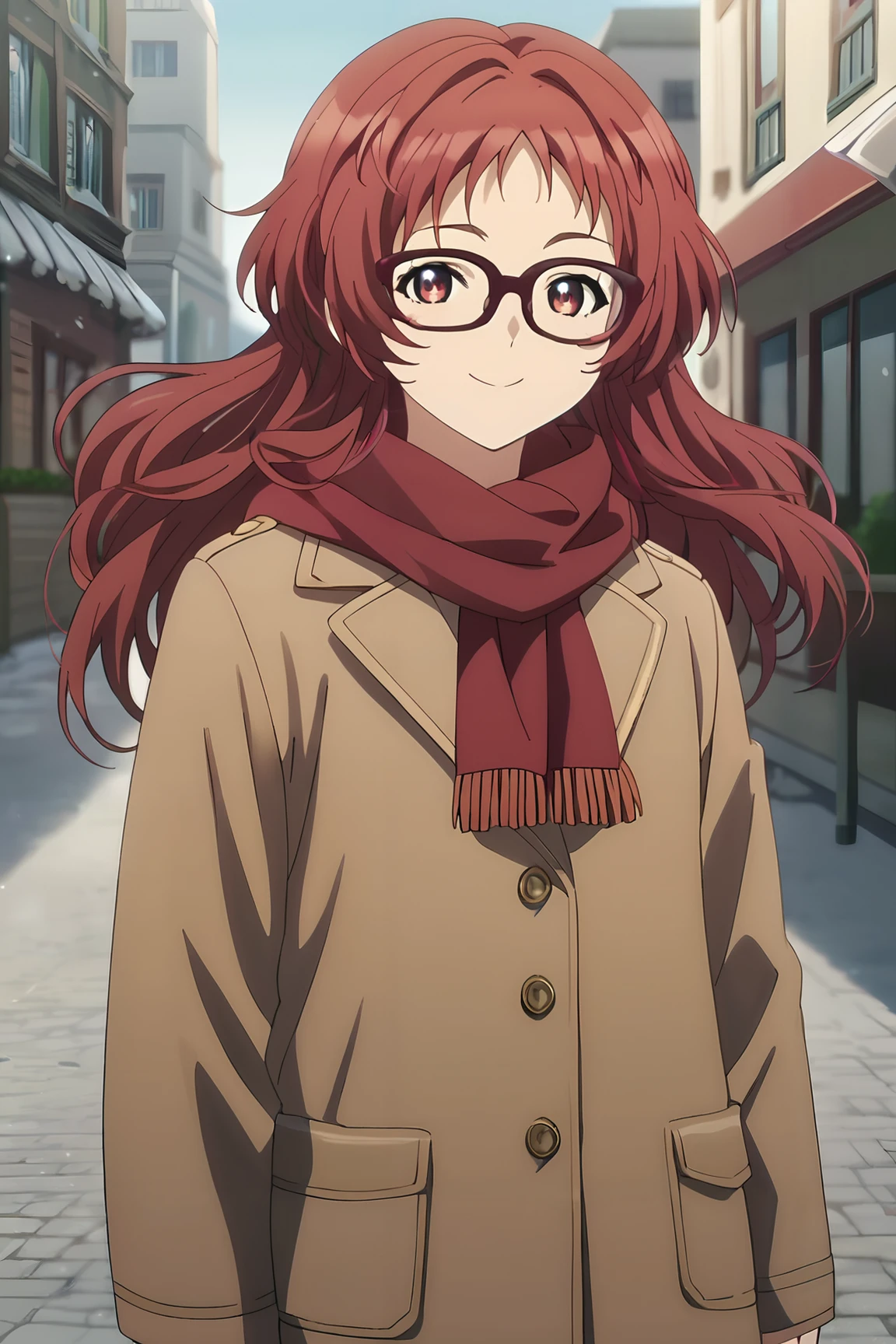 score_9, score_8_up, score_7_up, source_anime, zPDXL2, 1girl, <lora:ai_mie:1>, miewz, red eyes, red hair, long hair, glasses, red scarf, street, city, floating hair, walking, brown coat, winter clothes, winter, snow, looking at viewer, light smile, <lora:Fine_Anime_Screencap-ponyV1:1> fine anime screencap_xl, anime_screencap<lora:sd_xl_dpo_lora_v1:1>