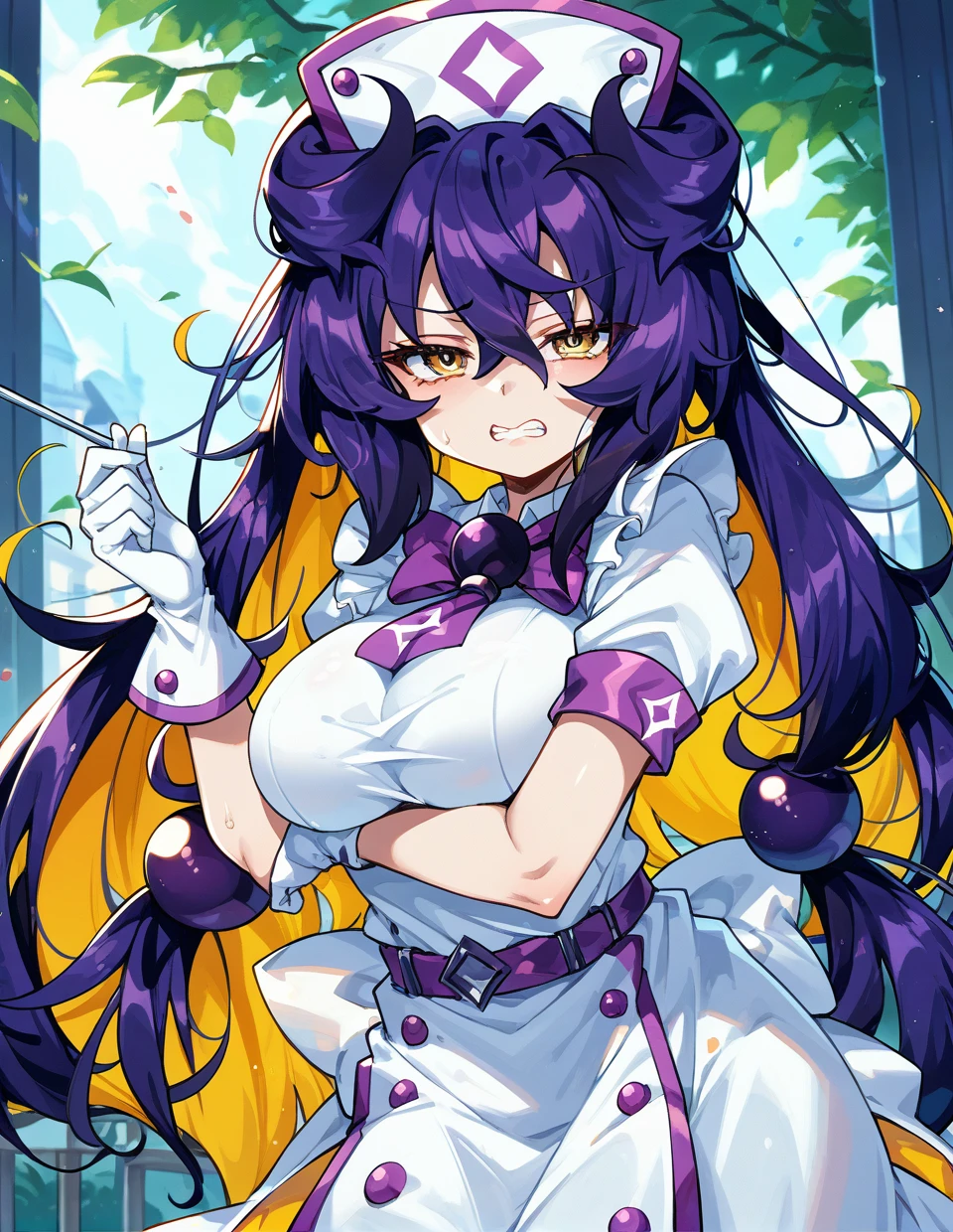 score_9,score_8_up,score_7_up,score_6_up,score_5_up,score_4_up,
1girl,<lora:prune_pony:1>,prune(bombergirl),purple hair,hair between eyes,eyebrows visible through hair,blonde hair,yellow eyes,large breasts,
gloves,hat,looking at viewer,nurse,maid,jitome,disdain,hand_on_headwear,contempt,sigh,serious,half-closed eyes,clenched_teeth,
