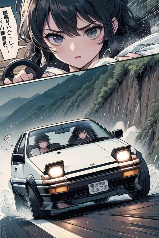 (((masterpiece))), (((best quality))), (((drifting style))), ((silent comic)), ((japan manga)), motion lines, motion blur, speed, driving, sports car, holding steering wheel, seatbelt, sweat, ruthless, reflection, wet, dust, wind, cliff, night, slope, uphill, downhill, AE 86, Initial D, mountain road, starry sky, solo, 1girl, serious, cleavage, big tits, slim figure, <lora:50pics_driftingstyle:0.9>