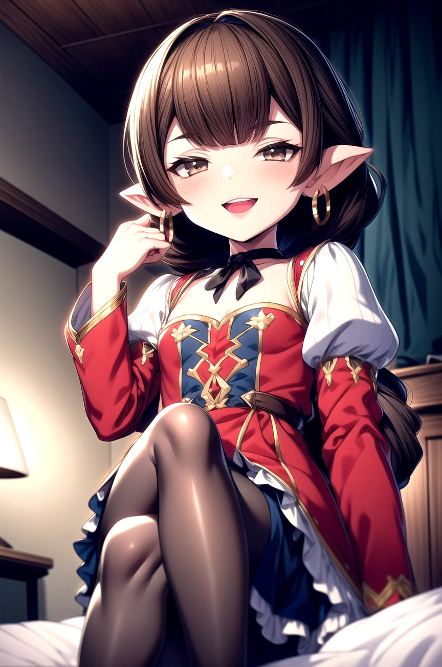 ((masterpiece)), ((best quality)), (ultra-detailed), ((extremely detailed)), (high resolution), 4K, (8K), best quality, (beautiful), (dynamic lighting), (super detailed skin), sharp focus, (1_girl, solo focus), fancy bedroom, bed, lalafell, (dress, frilled dress), puffy sleeves, eyelashes, looking at viewer, (smug), laughing, open mouth, (hand to own mouth), thighs, (from below, pov), pantyhose, crossed legs, legs, more_details:-1, more_details:0, more_details:0.5, more_details:1, more_details:1.5, Haaselia, Granblue_Fantasy, harvin_race, lalafell, brown hair, braided ponytail, single braid, pointy ears, brown eyes, hoop earrings, black ribbon choker, circlet, thick thighs, small breast, flat chest, crossed_legs, looking_down, from_below, perfect_anatomy, 1girl, solo