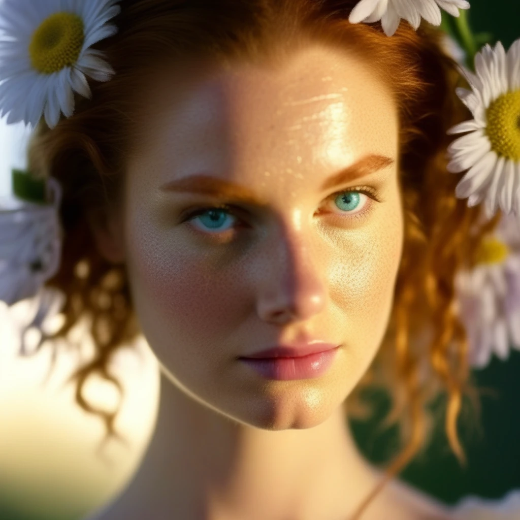 A middle-aged woman, sharply defined cheekbones, a prominent, slightly crooked nose, piercing blue eyes framed by thick, arched eyebrows, her face partially covered by wisps of frizzy, auburn hair that catch the light in a halo-like effect, illuminated by warm, golden sunset light, dramatic shadows cast across her face, highlighting every wrinkle and freckle in vivid detail, leaning in close to a tiny, inconspicuous daisy, her expression one of intense, almost comical seriousness, taking a stupid flower pic.