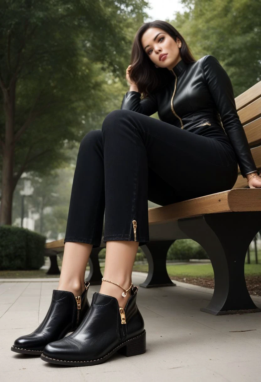 score_9, score_8_up, score_8_up, zPDXL2,
1girl, (black girl:1.2), sitting on bench, park, elegant outfit, trousers, detailed face, from below, 
(black booties), (ankle booties:1.5)