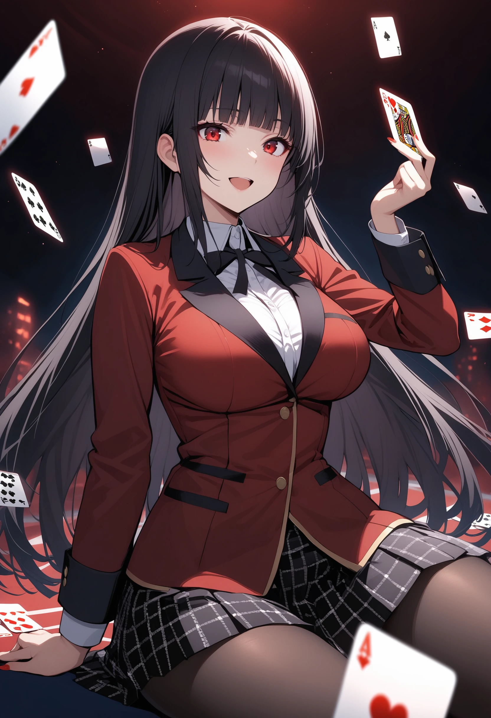 masterpiece, best quality, ultra detailed, very aesthetic,
1girl, jabami yumeko, kakegurui, black hair, red eyes, long hair, blunt bangs, hyakkaou academy school uniform, school uniform, collared shirt, white shirt, ribbon, red jacket, pleated skirt, print skirt, pantyhose, smile, open mouth, card, playing card,