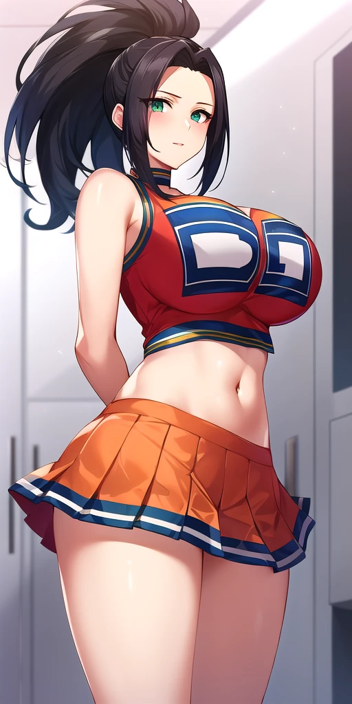 <lora:YaomomoV6:0.7> yaomomo, huge_breasts, standing, solo, arms_behind_back, starry_sky, cheerleader_orange_crop_top_orange_miniskirt_green_choker,, masterpiece, best_quality, detailed_face, detailed_eyes, highres, beautiful, detailed, absurdres,