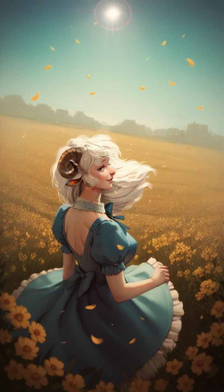 zPDXL, score_9, score_8_up, score_7_up, score_6_up, score_5_up, score_4_up, solo,outdoors,field,flowers,sunbeam,sheep girl,neck tuft,white hair,sheep horns,blue eyes,blue dress,frills,puffy sleeves,ribbons,bowtie,long hair,lens flare,from above,happy,wind,petals,mature female,milf, <lora:renee:1>