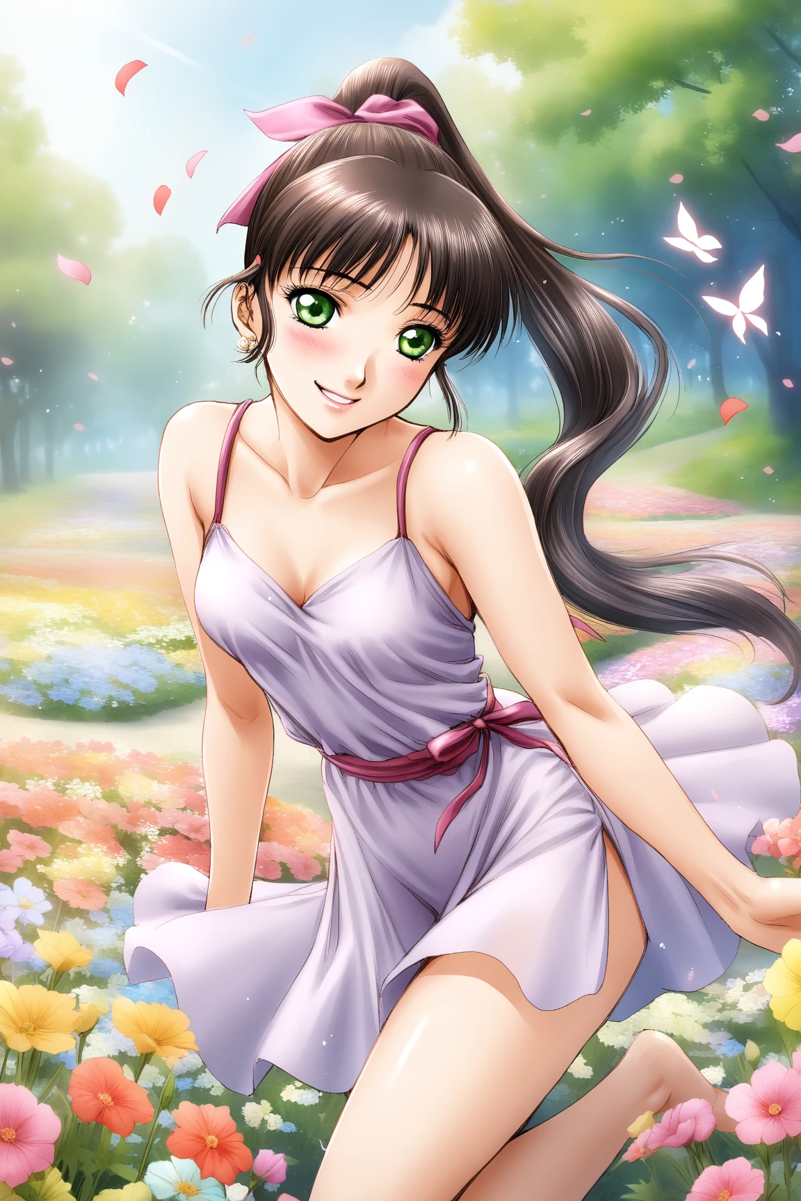 Renfa, Black Hair, Long Hair, Green Eyes, ponytail, summer dress
cowboy shot, dynamic pose, 1 girl, solo, happy smile joy, blush, ashamed, shy, sexy, charming, alluring, seductive, enchanting, erotic, ((outdoors)), ((flower garden)), ((flowers)), ((many flowers)), spring petals, petals of flowers, spring, falling petals, flying butterflies<lora:EMS-395785-EMS:0.700000>