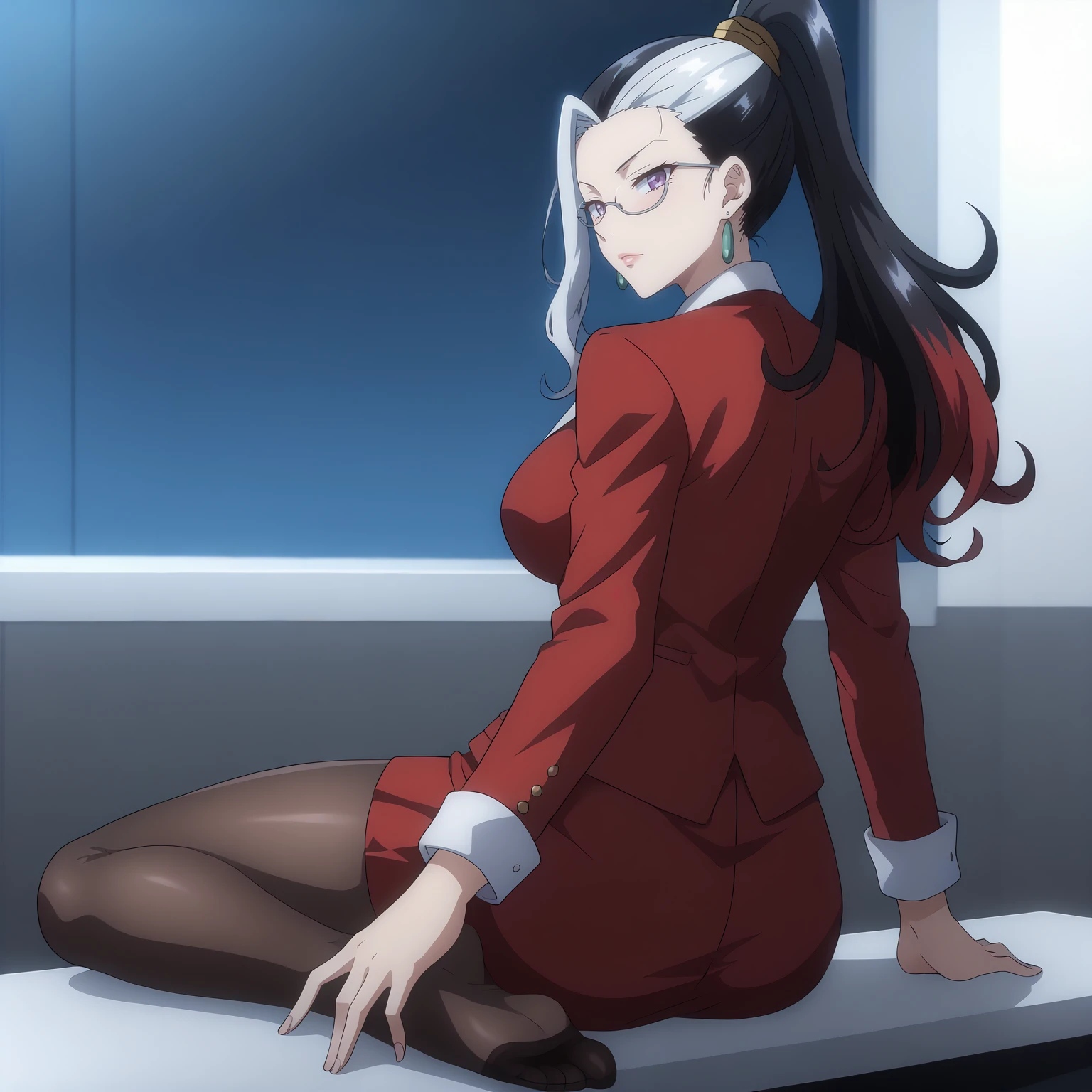 <lora:RikkaSumeragiXLpony001>,
solo,
RikkaSumeragi,1girl,two-tone hair,black hair,white hair,high ponytail,purple eyes,eyewear,earrings,
large breasts,
red suit,
red skirt,
black_pantyhose,
full body,sitting,looking back,