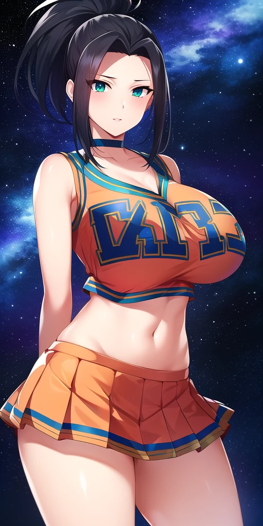 <lora:YaomomoV5:0.7> yaomomo, huge_breasts, standing, solo, arms_behind_back, starry_sky, cheerleader_orange_crop_top_orange_miniskirt_green_choker,, masterpiece, best_quality, detailed_face, detailed_eyes, highres, beautiful, detailed, absurdres,