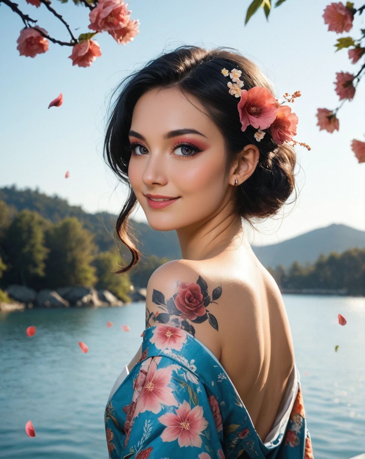 Japanese teenage girl, floral kimono, exposed shoulders, from behind, beautiful face, thick eyelashes, glossy eyes, black hair, cute smile, dark eyeshadow, shoulders tattoos, back tattoos, floral decoration in hair, falling petals, beautifully backlit, wideshot, lake background,, (raw,score_8_up),photo, raw,realistic