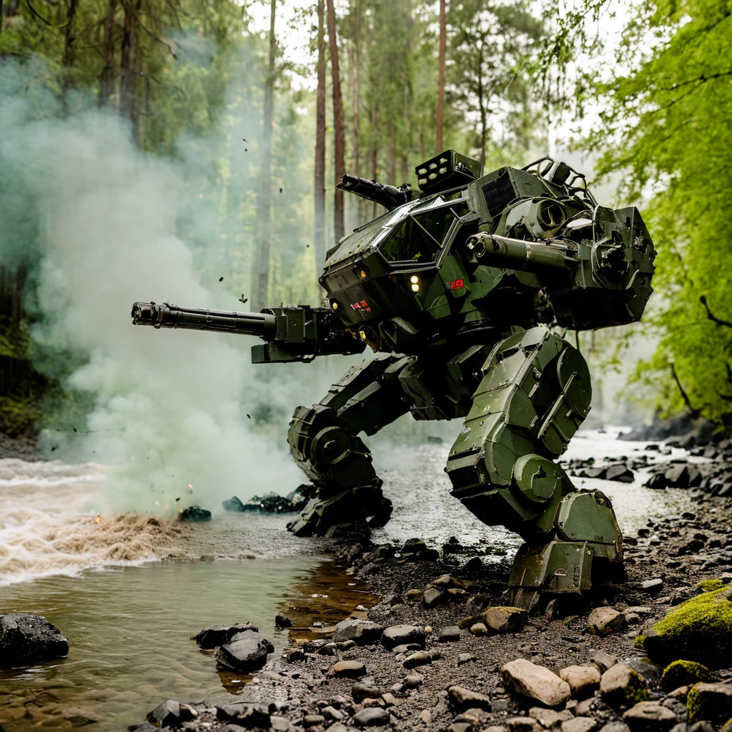 <lora:mecha:1>, mecha, robot, Nikon d850, Depth of field 270mm, photograph, highly detailed, green skin, camouflage, damaged, day, glass windsheild, outdoors, forest, tree, water, river, smoke, dust, rock, battle, military vehicle, solider, explosion, size difference, burning, firing, arm cannon, missile, from below