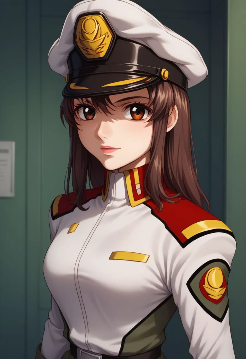 score_9, score_8_up, score_7_up, source_anime, 
murrue, 1girl, uniform, solo, brown hair, military uniform, military, pantyhose, brown eyes, skirt, looking at viewer, upper body, stand, hat, peaked cap,
indoor,