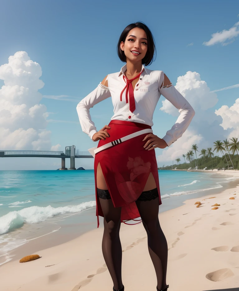 xianmei,brown eyes,black hair,short hair,
white shirt,long sleeves,red skirt,white belt,thighhighs,heels,necktie,
standing,upper body,light smile,
beach resort,
(insanely detailed, masterpiece, best quality),solo,<lora:xianmei:0.9>,