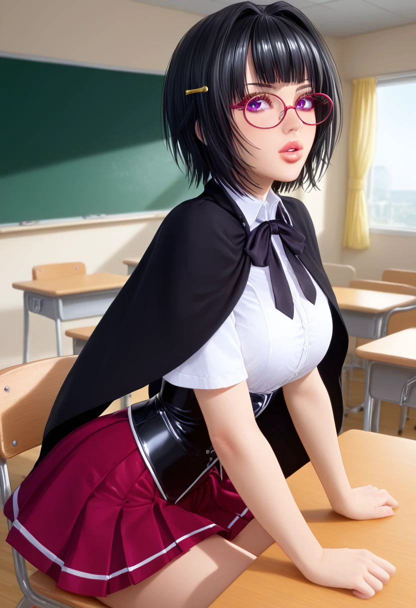 Masterpiece, best quality, high quality, highres, 4k, detailed face, Expressiveh, sonasitri, sona sitri, black hair, purple eyes, glasses, expressionless, short hair, center-flap bangs, medium breast, parted lips, shiny lips, lipgloss, gyaru, bmbplora, long eyelashes, kuohacademy, school uniform, black capelet, white shirt, black ribbon, neck ribbon, short sleeves, corset, red skirt, pleated skirt, classroom, cowboy shot, from side, sitting on desk, solo,