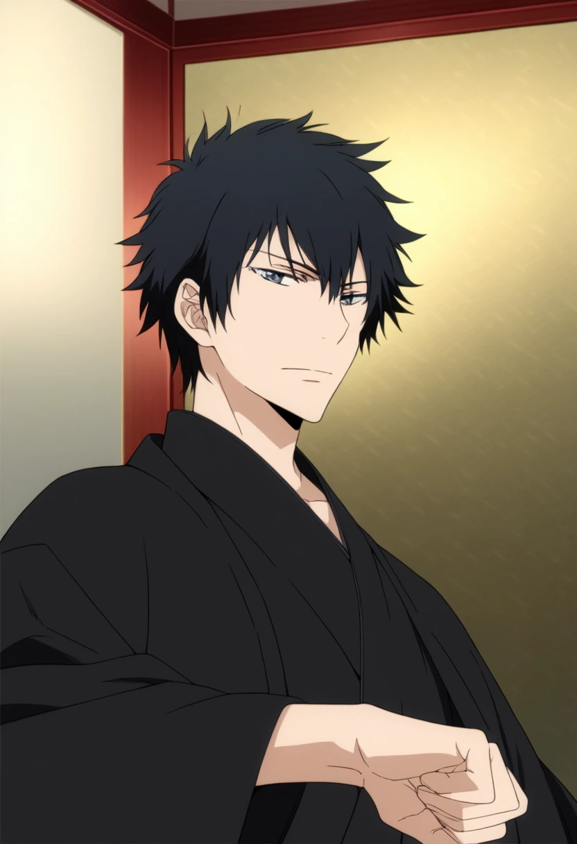 score_9, score_8_up, score_7_up, score_6_up, highly detailed, masterpiece, best quality,detailed,intricate details, amazing quality, best aesthetic, absurdres, hibari_tyl, black hair, gray eyes, 1boy, male focus, solo, japanese clothes, kimono, black kimono, upper boddy<lora:EMS-391465-EMS:1.000000>