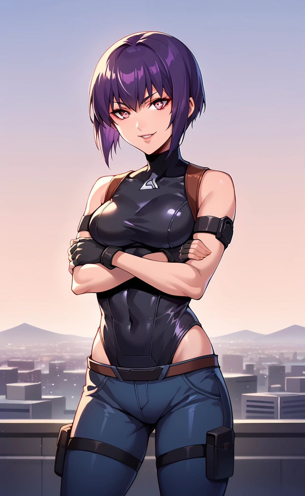 score_9, score_8_up, score_7_up,  source_anime, <lora:motoko_2045:1> motoko2045xl, purple hair, short hair, lips, cyborg, pink eyes, medium breasts, fingerless gloves, black gloves, black leotard, highleg leotard, hip vent, blue pants, arm strap, bare shoulders, belt, kusanagi motoko, standing, cowboy shot, looking at viewer, smile, crossed arms, tokyo \(city\), city, outdoors