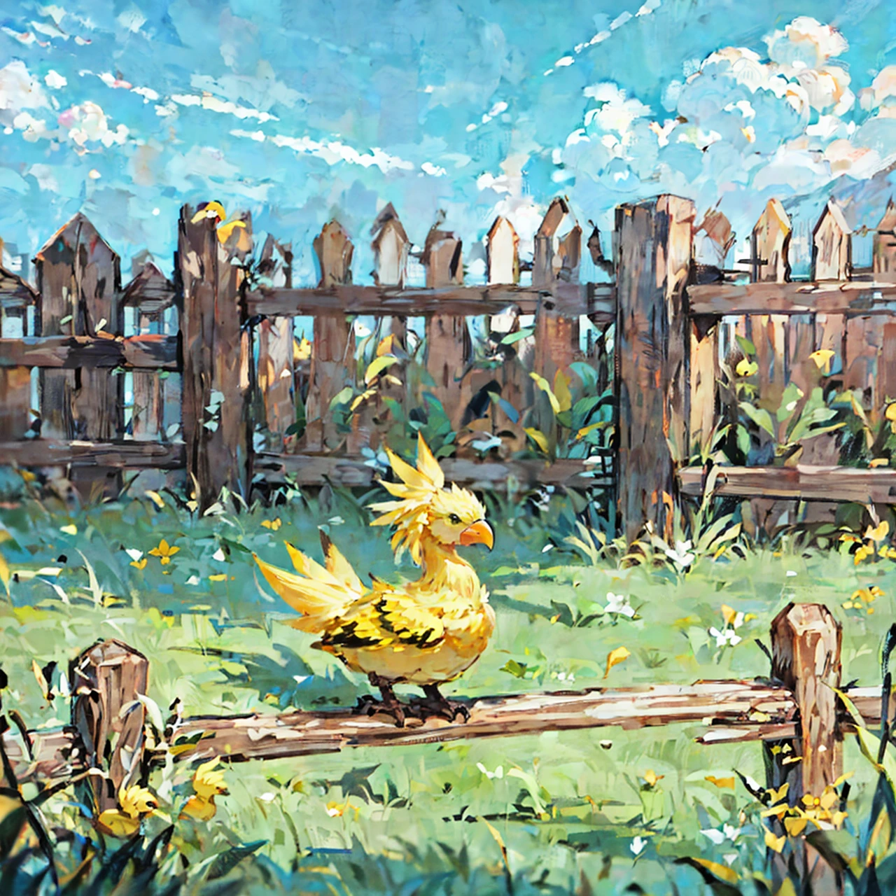 baby chocobo, wooden fence, cute, grass, baby, <lora:baby chocobo:0.75>