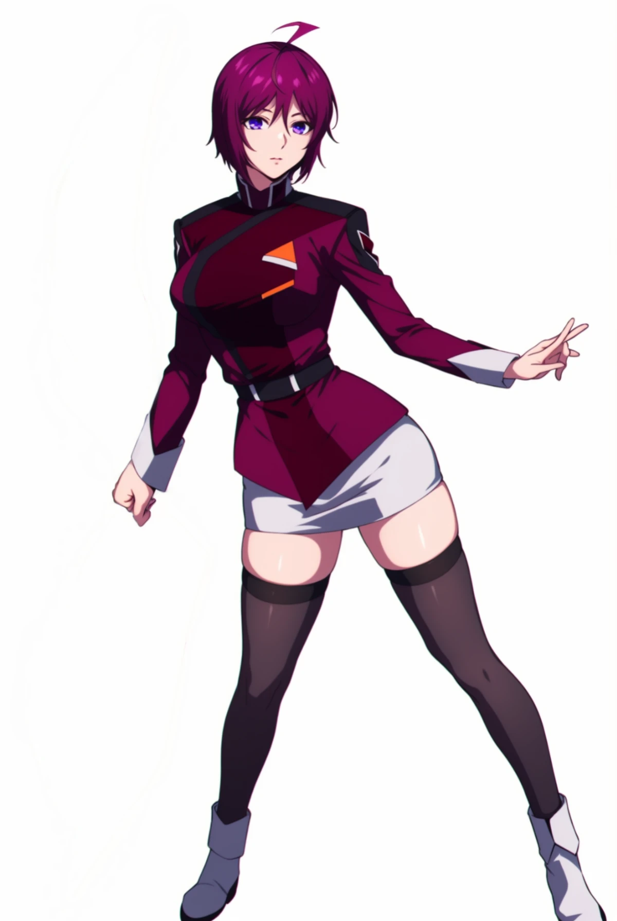 (solo:1.2),standing,full_body,(white_background:1.2),simple background, 
 <lora:Lunamariafreedom:0.9>lunamariafreedom,lunamaria hawke, (black_thighhighs:1.2),pencil_skirt,black legwear,purple_hair,ahoge,military uniform,long_sleeves,short_hair,medium_breasts,white_footwear,
<lora:Style_1990sAnimeStyleLora_1:0.25> <lora:Style_bibleBlackStyle_10:0.1>