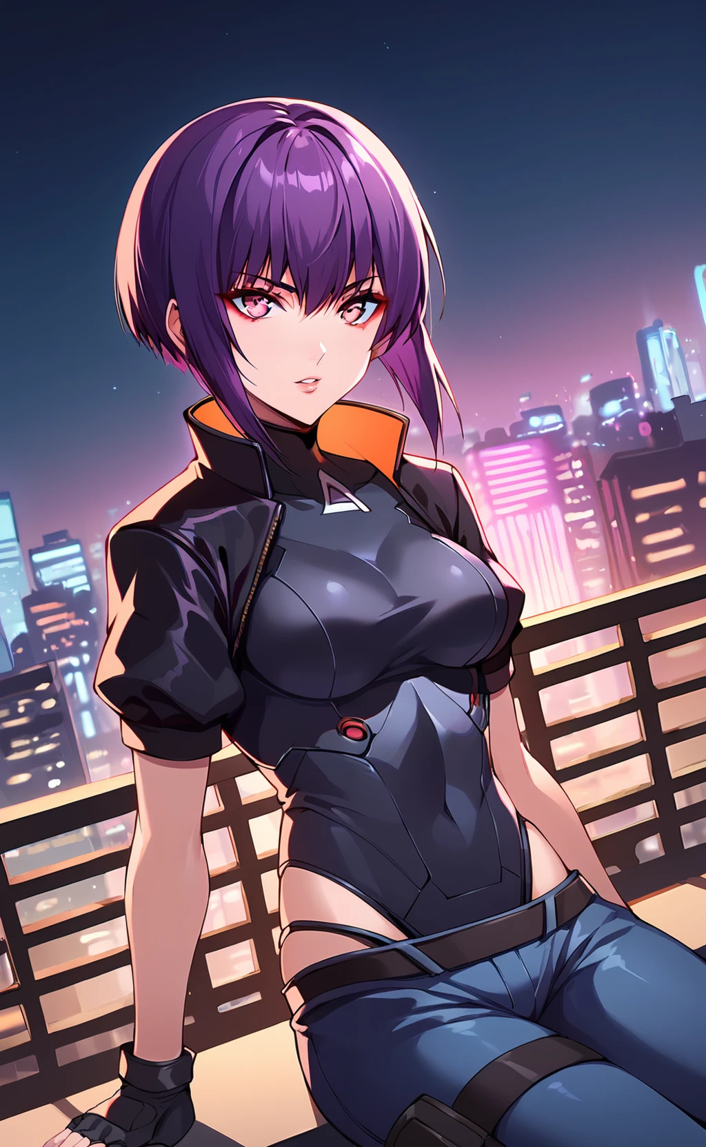 score_9, score_8_up, score_7_up,  source_anime, <lora:motoko_2045:1>, motoko2045xl, purple hair, short hair, lips, cyborg, pink eyes, medium breasts, cropped jacket, black jacket, collared jacket,short sleeves, fingerless gloves, black gloves, black leotard, highleg leotard, hip vent, blue pants, belt, kusanagi motoko, cyberpunk, cityscape, neon lights, railing, beer can, sitting, dutch angle, looking at viewer, parted lips, knees up, cowboy shot,