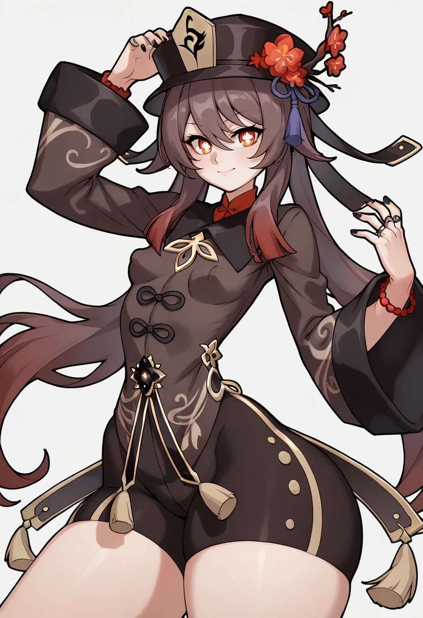 score_9, score_8_up, score_7_up, source_anime BREAK 1girl, solo, <lora:daicombo-artist-richy-v1_pdxl:1> standing, (wide hips, thick thighs:1.1), covered nipples, small breasts, hu tao \(genshin impact\), black shorts, long sleeves, wide sleeves, black headwear, hair ornament, symbol-shaped pupils, black nails, rings, bracelet