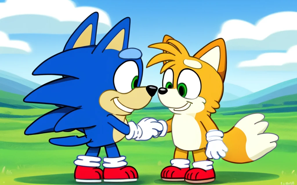 duo, bluey \(series\), bluey style, chibi, amazing background, by leonid afremov, by cate wurtz, hand holding, outside, grass, cloud, picnic, hill <lora:Bluey:0.7>
BREAK
sonic the hedgehog, big eyes, green eyes, black pupils, looking at another,blue body, countershading, black nose, white gloves, smile, eyebrows, red shoes, short tail
BREAK
miles prower, big eyes, green eyes, black pupils, looking at another,yellow fur, countershading,black nose, white gloves, multi tail, smile, eyebrows,red shoes