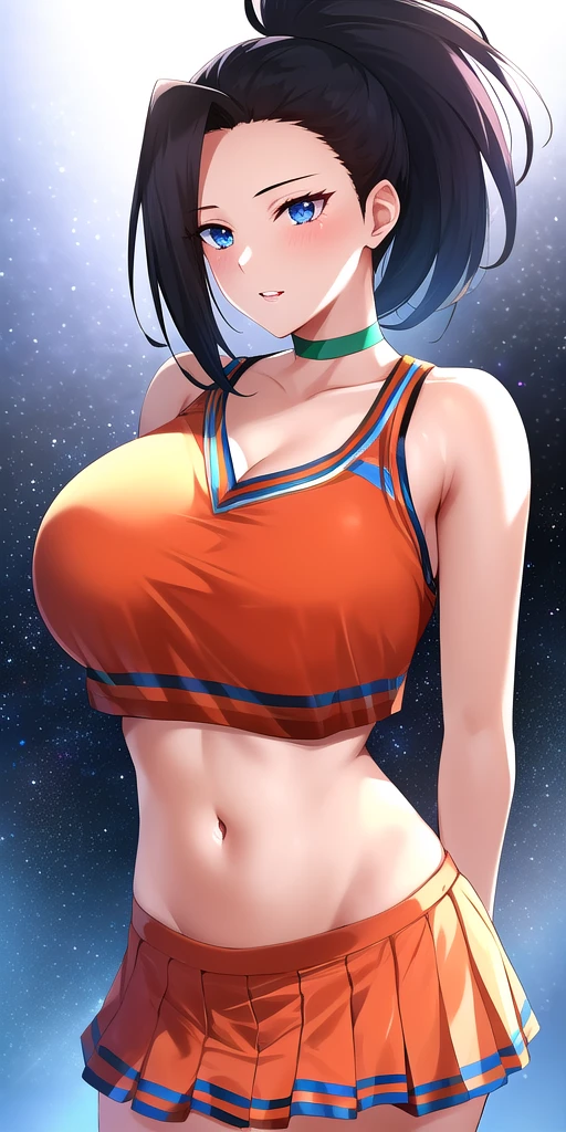 <lora:YaomomoV5:0.7> yaomomo, huge_breasts, standing, solo, arms_behind_back, starry_sky, cheerleader_orange_crop_top_orange_miniskirt_green_choker,, masterpiece, best_quality, detailed_face, detailed_eyes, highres, beautiful, detailed, absurdres,