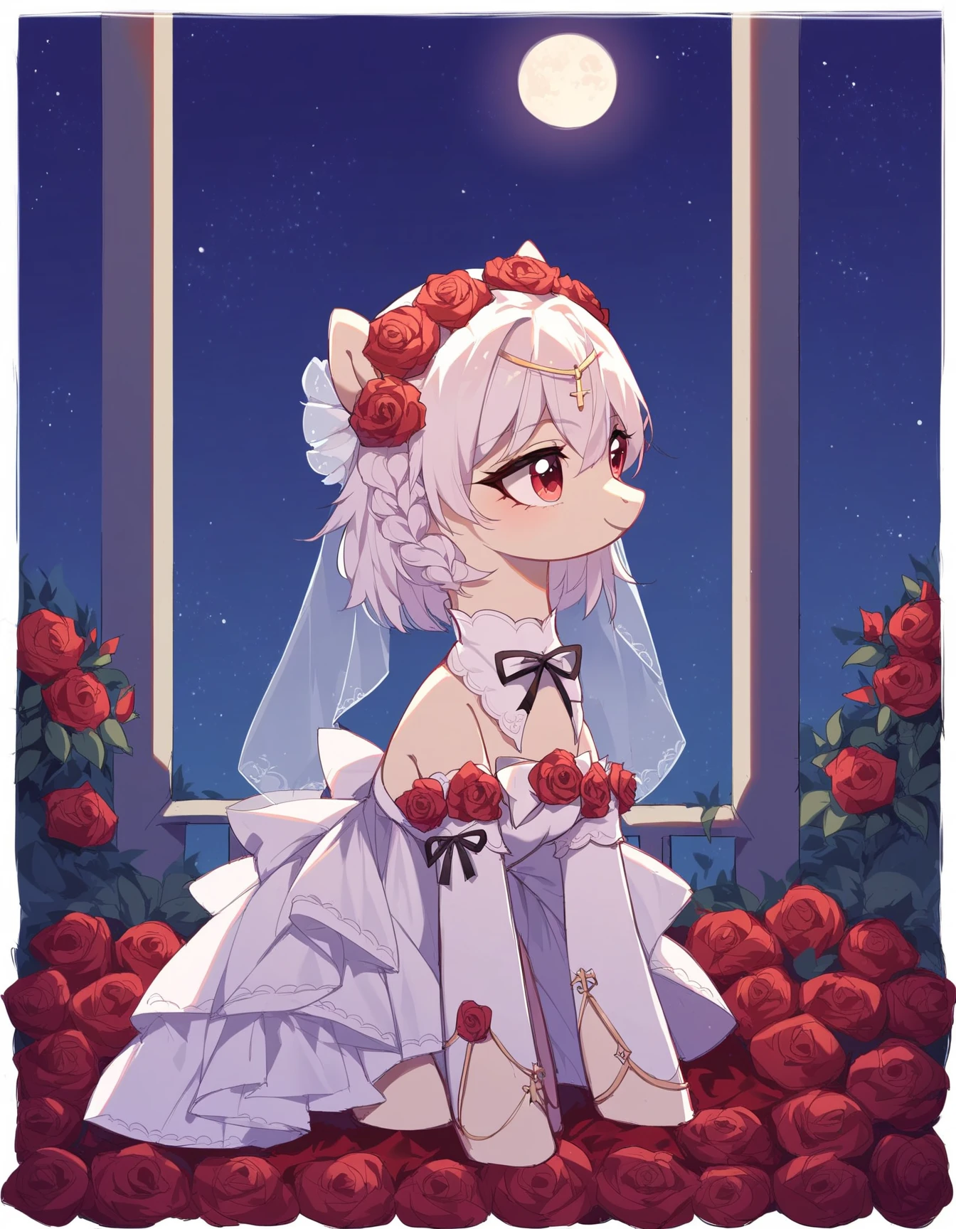 score_9, score_8_up, score_7_up, rating_safe, source_pony, pony, rosy bridesmaid, solo, rose, detached collar, detached sleeves, bridal veil, garden, night sky, moon, castle in the background