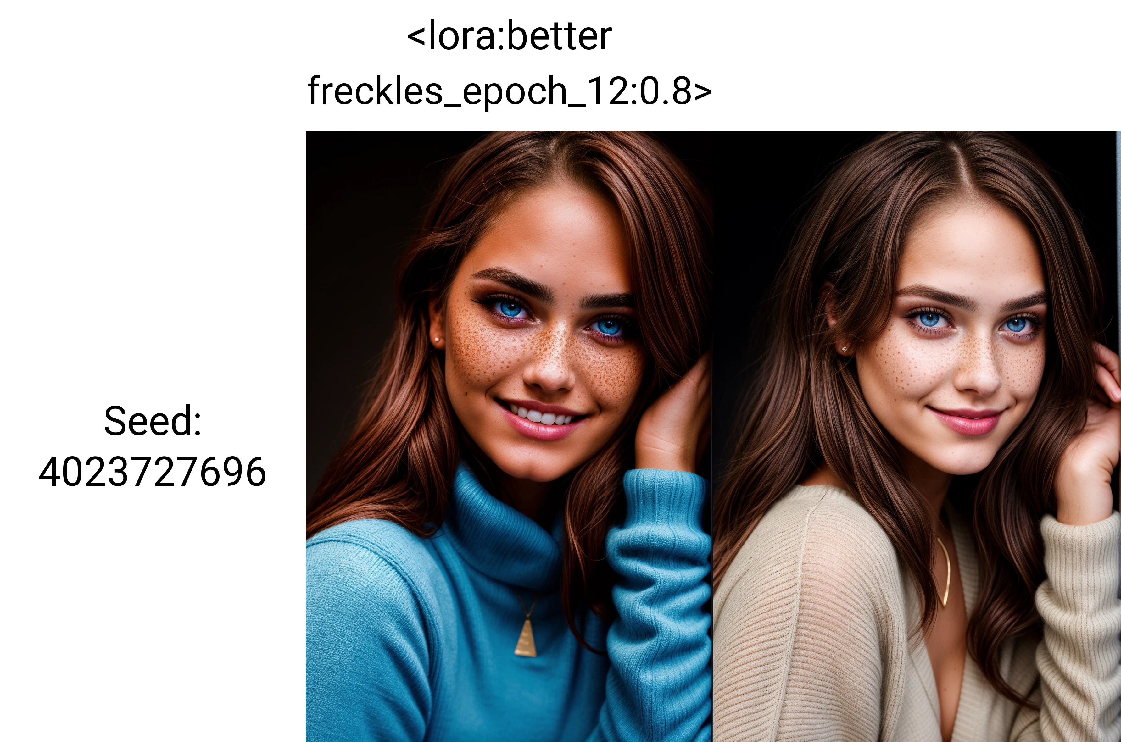 1girl, 21yo, Australian beauty, expressive, flirtatious look, perfect face, smile, blue eyes, freckles, very tan skin, blush, red cheeks, make up, gold eyebrows, long brown hair, sweater, high contrast, canon 5D Mark IV, studio photography <lora:better freckles_epoch_12:0.8> <lora:more_details:1>