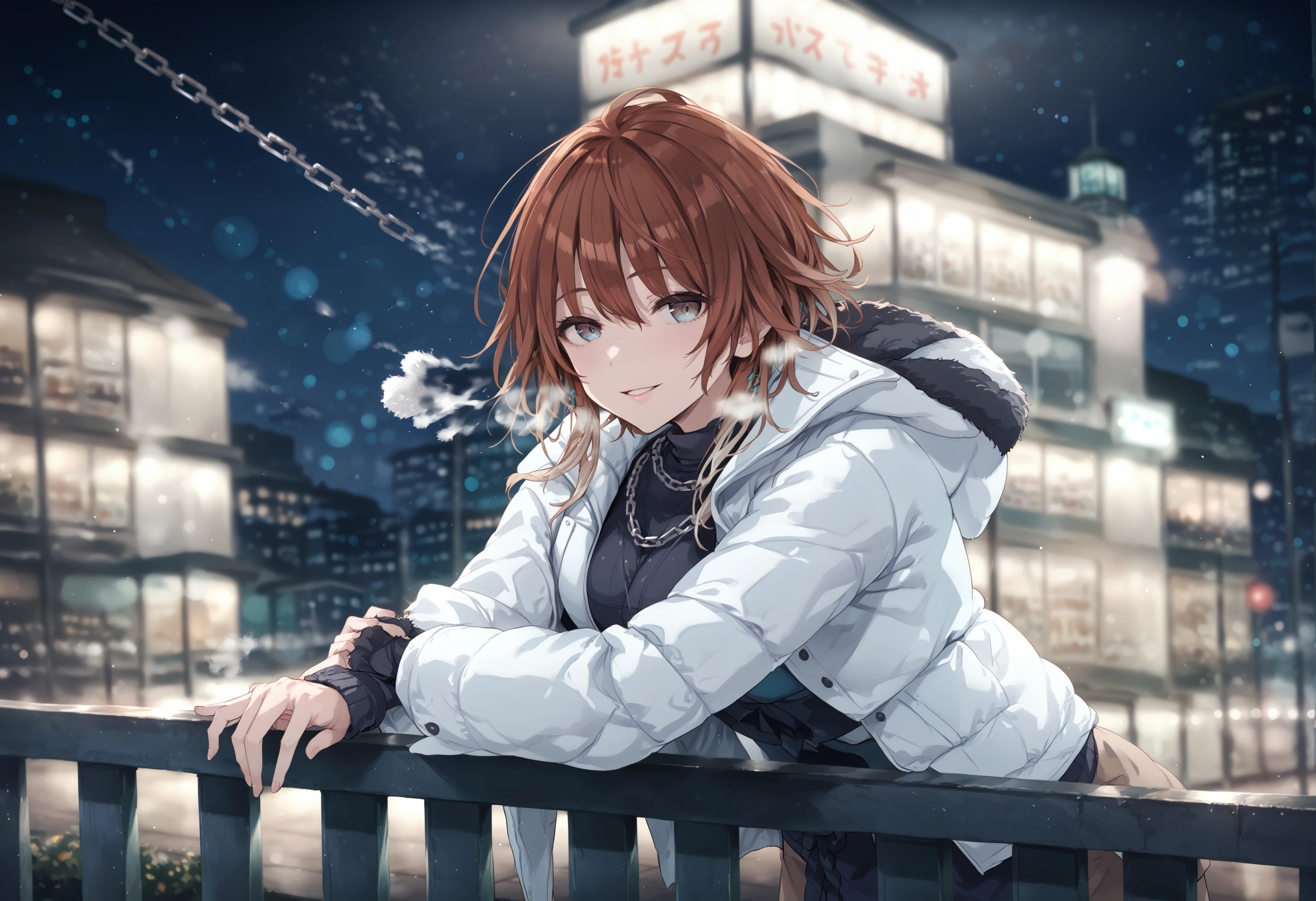 score_9, score_8_up, score_7_up, source_anime, mature,
CHILLY, 1girl, solo, looking at viewer, blush, smile, brown hair, long sleeves, jacket, eyes, upper body, multicolored hair, outdoors, parted lips, hood, blurry, coat, fur trim, gradient hair, blurry background, night, depth of field, chain, hooded jacket, night sky, breath, white coat, railing, fur-trimmed jacket, fur-trimmed coat, bokeh, fur-trimmed hood, against railing
<lora:Aketa Mikoto-PonyXL-000008:1>